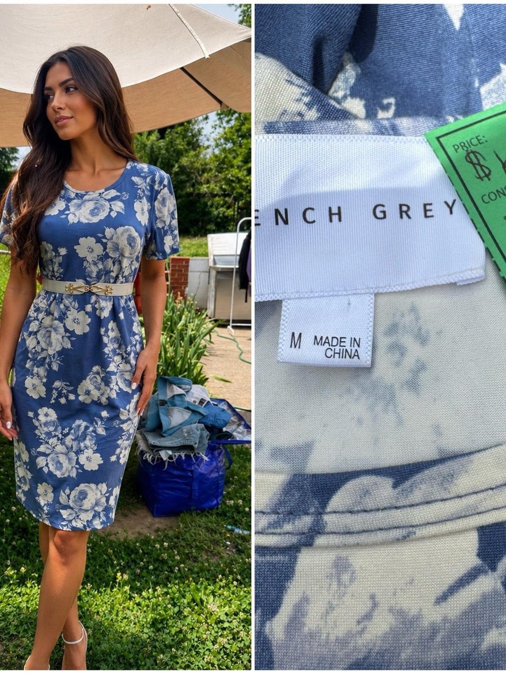 French Grey Navy Blue Floral Midi Dress